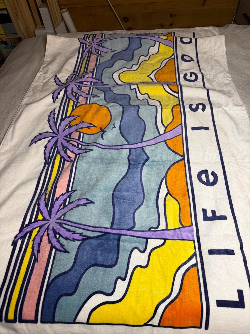 Life Is Good Purple Palm Coastal Sunset Beach Towel - Purple/Yellow/Orange/Blue